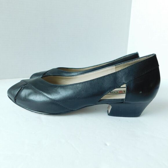 I LOVE COMFORT Shoes VINTAGE Womens 7.5 Black Leather Heels Pumps, Open Toe EUC - Picture 4 of 16